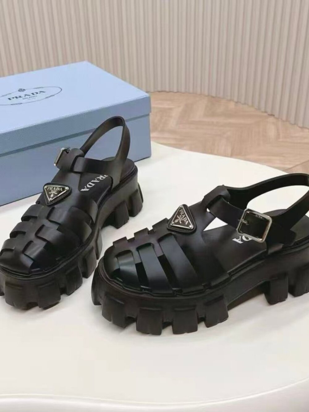 Prada Black Monolith Fisherman Sandals Triangle Logo Lug Sole